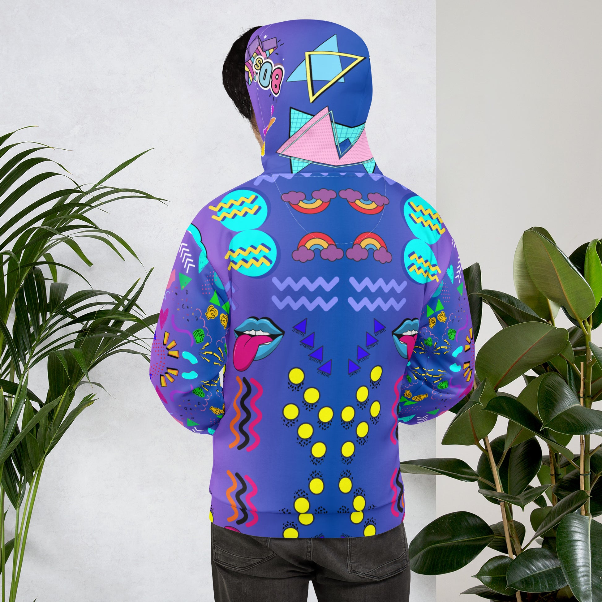 Unisex recycled pop art hoodie with retro 80s graphic design and vibrant neon colors by Hipyfi Clothes & Design. back-2