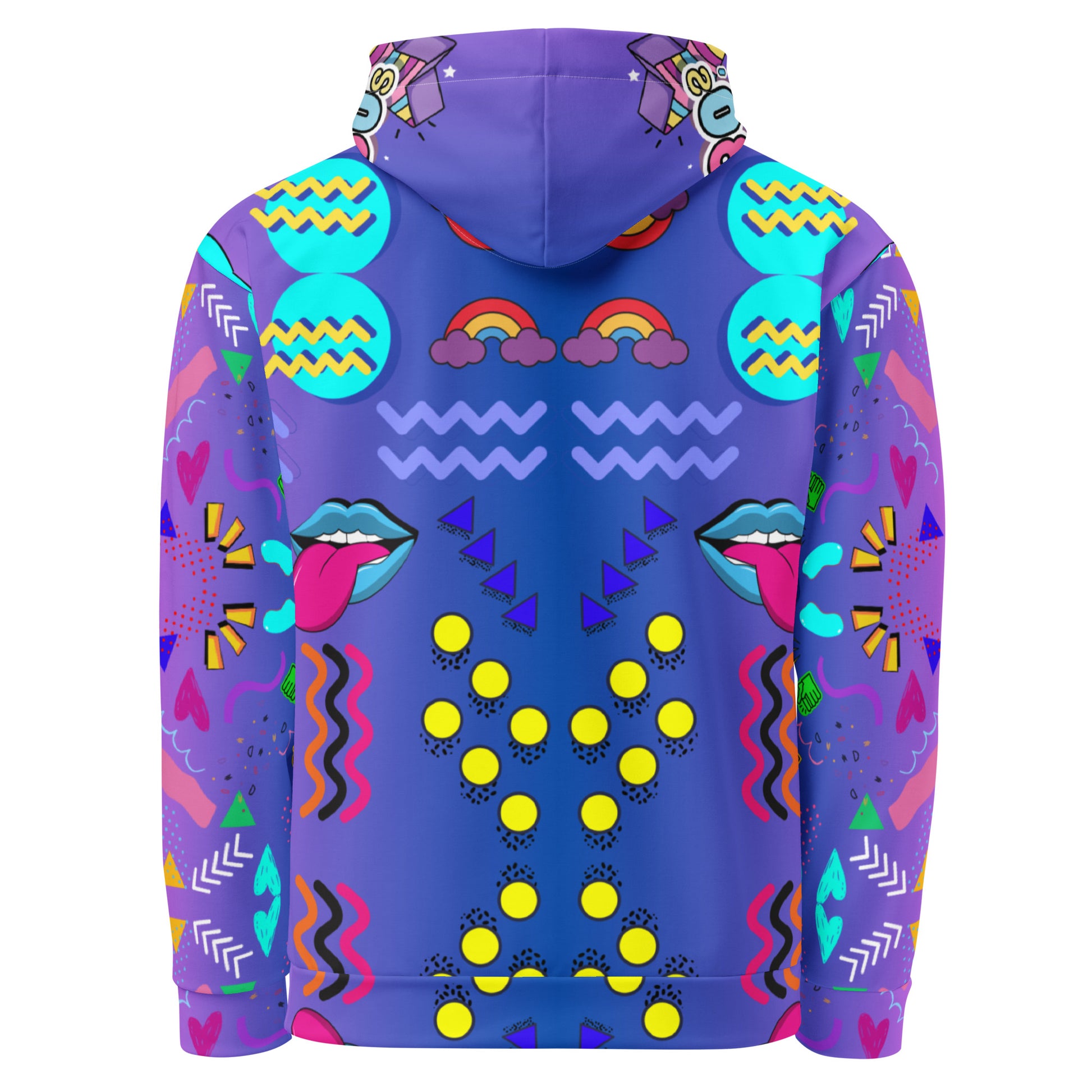 Unisex recycled pop art hoodie with retro 80s graphic design and vibrant neon colors by Hipyfi Clothes & Design. back-6