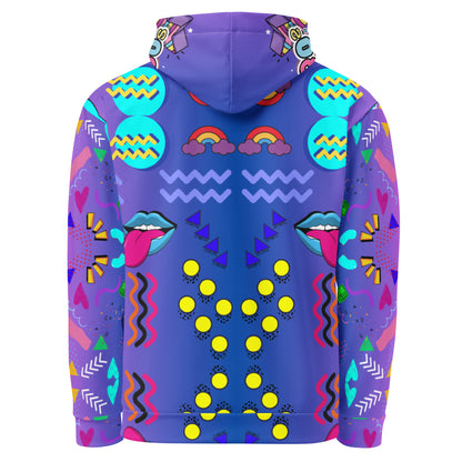 Unisex recycled pop art hoodie with retro 80s graphic design and vibrant neon colors by Hipyfi Clothes & Design. back-6