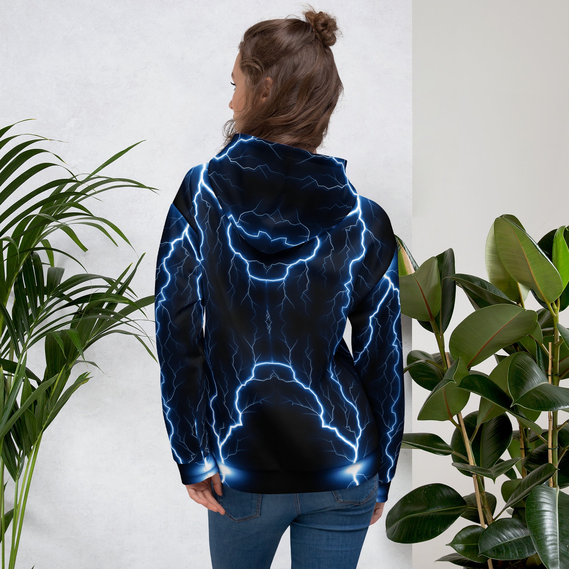 Electric blue lightning bolt recycled unisex hoodie with glowing graphic – Hipyfi Clothes & Design. back-4