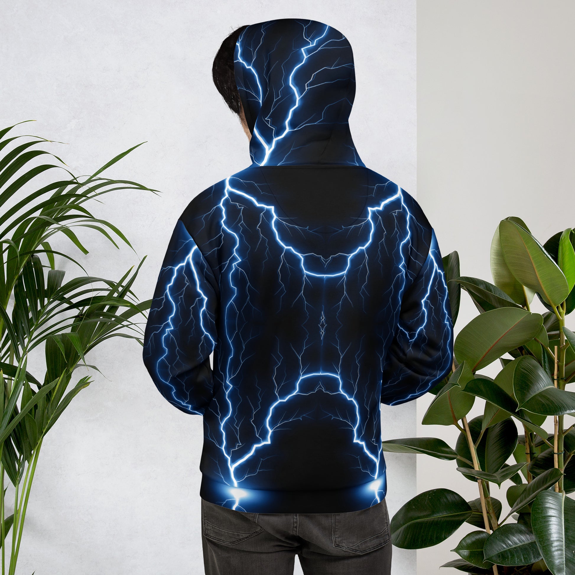 Electric blue lightning bolt recycled unisex hoodie with glowing graphic – Hipyfi Clothes & Design. back-2
