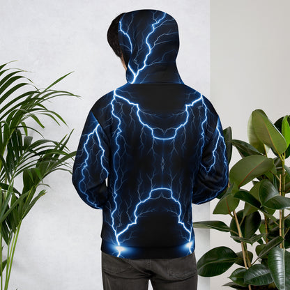 Electric blue lightning bolt recycled unisex hoodie with glowing graphic – Hipyfi Clothes & Design. back-2