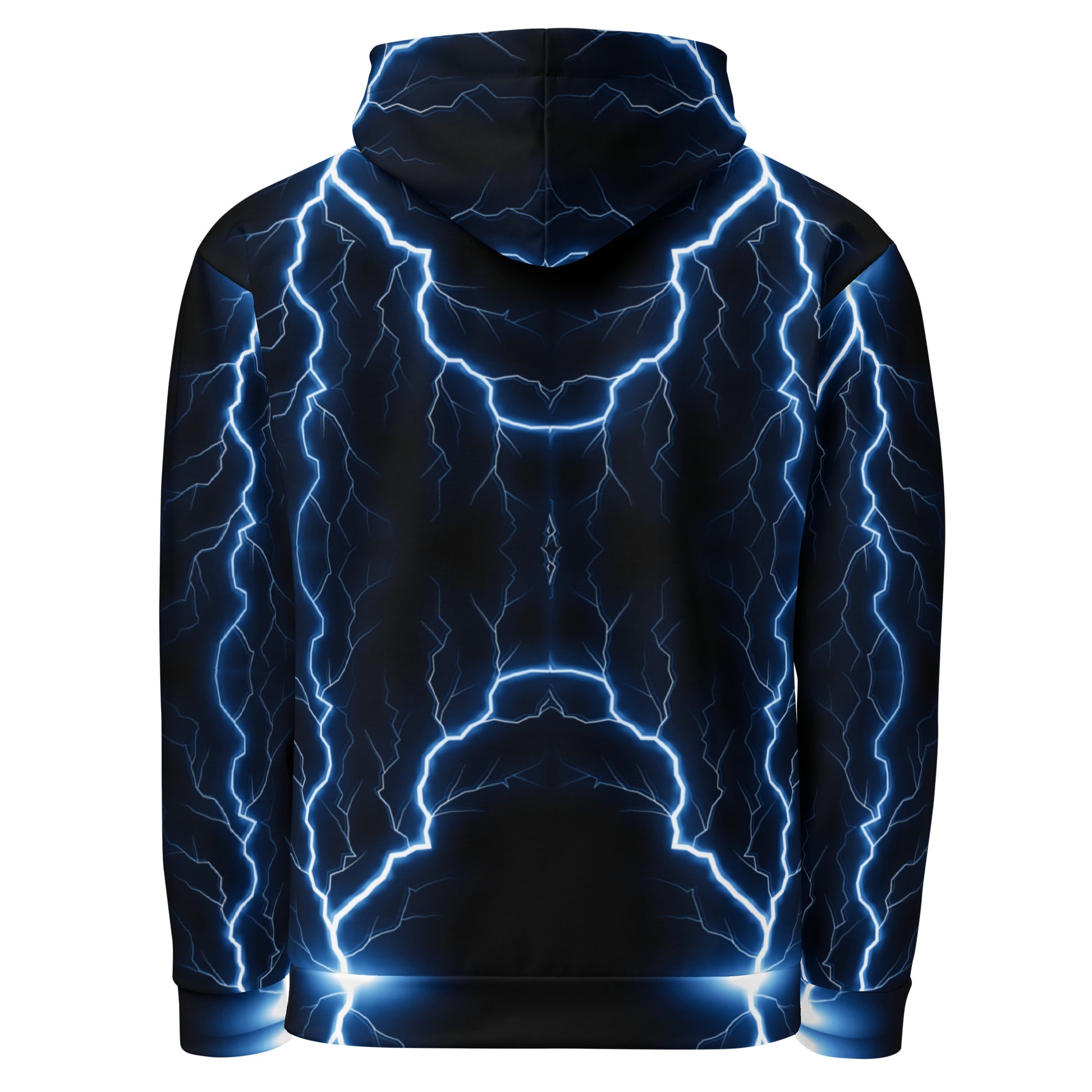 Electric blue lightning bolt recycled unisex hoodie with glowing graphic – Hipyfi Clothes & Design. back-6