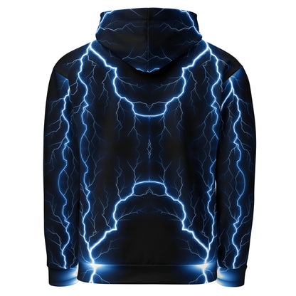 Electric blue lightning bolt recycled unisex hoodie with glowing graphic – Hipyfi Clothes & Design. back-6