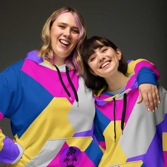 RetroVibe recycled unisex hoodie with 80s geometric pop art design and vibrant vaporwave colors by Hipyfi Clothes & Design. front