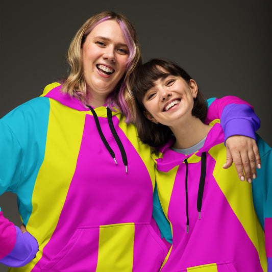 Recycled unisex hoodie with bold geometric pop-art pattern in magenta, cyan, and yellow – eco-friendly streetwear by Hipyfi. front