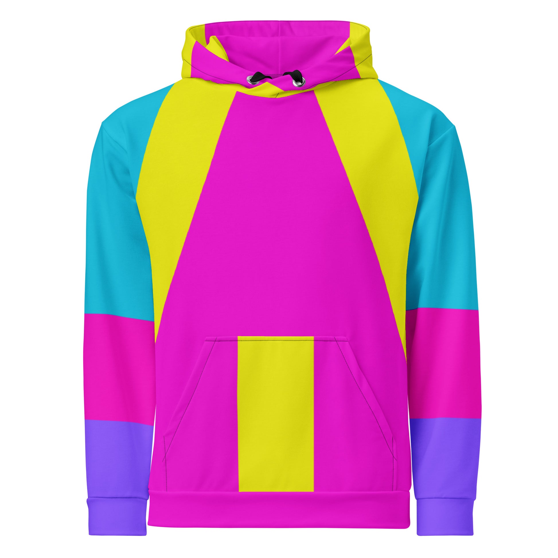 Recycled unisex hoodie with bold geometric pop-art pattern in magenta, cyan, and yellow – eco-friendly streetwear by Hipyfi. front-3