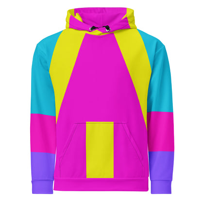 Recycled unisex hoodie with bold geometric pop-art pattern in magenta, cyan, and yellow – eco-friendly streetwear by Hipyfi. front-3