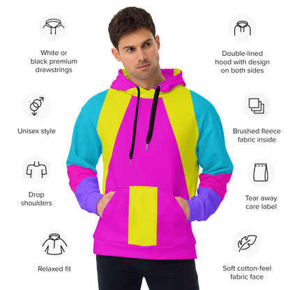 Recycled unisex hoodie with bold geometric pop-art pattern in magenta, cyan, and yellow – eco-friendly streetwear by Hipyfi. product-info