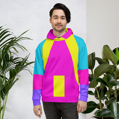 Recycled unisex hoodie with bold geometric pop-art pattern in magenta, cyan, and yellow – eco-friendly streetwear by Hipyfi. front-2