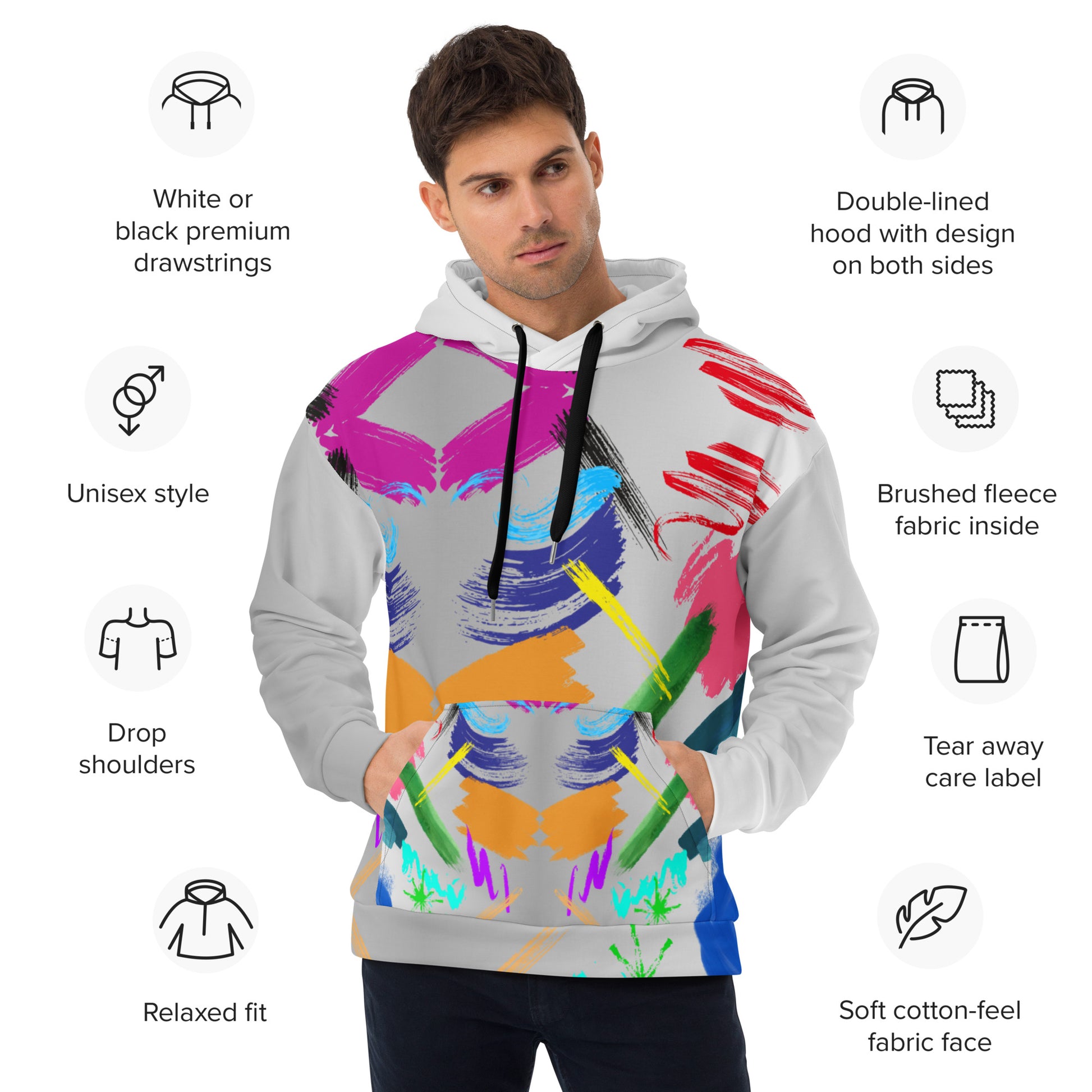 Hipyfi Recycled Unisex Hoodie with bold abstract paintstroke design and eco-friendly fabric. Product-info