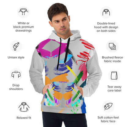 Hipyfi Recycled Unisex Hoodie with bold abstract paintstroke design and eco-friendly fabric. Product-info