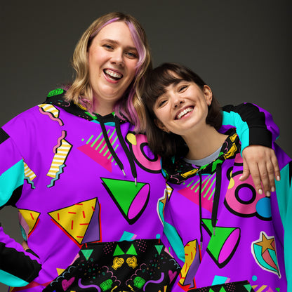 Hipyfi Recycled Unisex Hoodie – 80s Memphis Graphic Design with vibrant retro colors, bold geometric patterns, and a cozy brushed fleece interior, eco-friendly and stylish streetwear. front