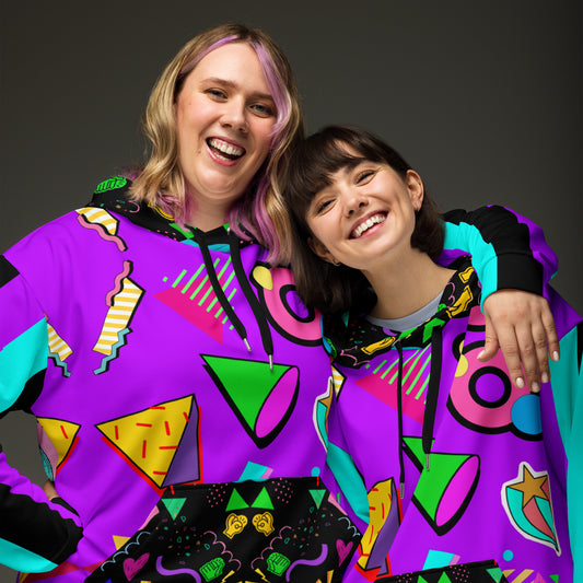 Hipyfi Recycled Unisex Hoodie – 80s Memphis Graphic Design with vibrant retro colors, bold geometric patterns, and a cozy brushed fleece interior, eco-friendly and stylish streetwear. front