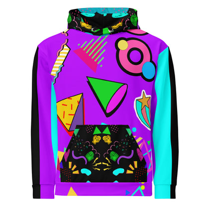 Hipyfi Recycled Unisex Hoodie – 80s Memphis Graphic Design with vibrant retro colors, bold geometric patterns, and a cozy brushed fleece interior, eco-friendly and stylish streetwear. front-4