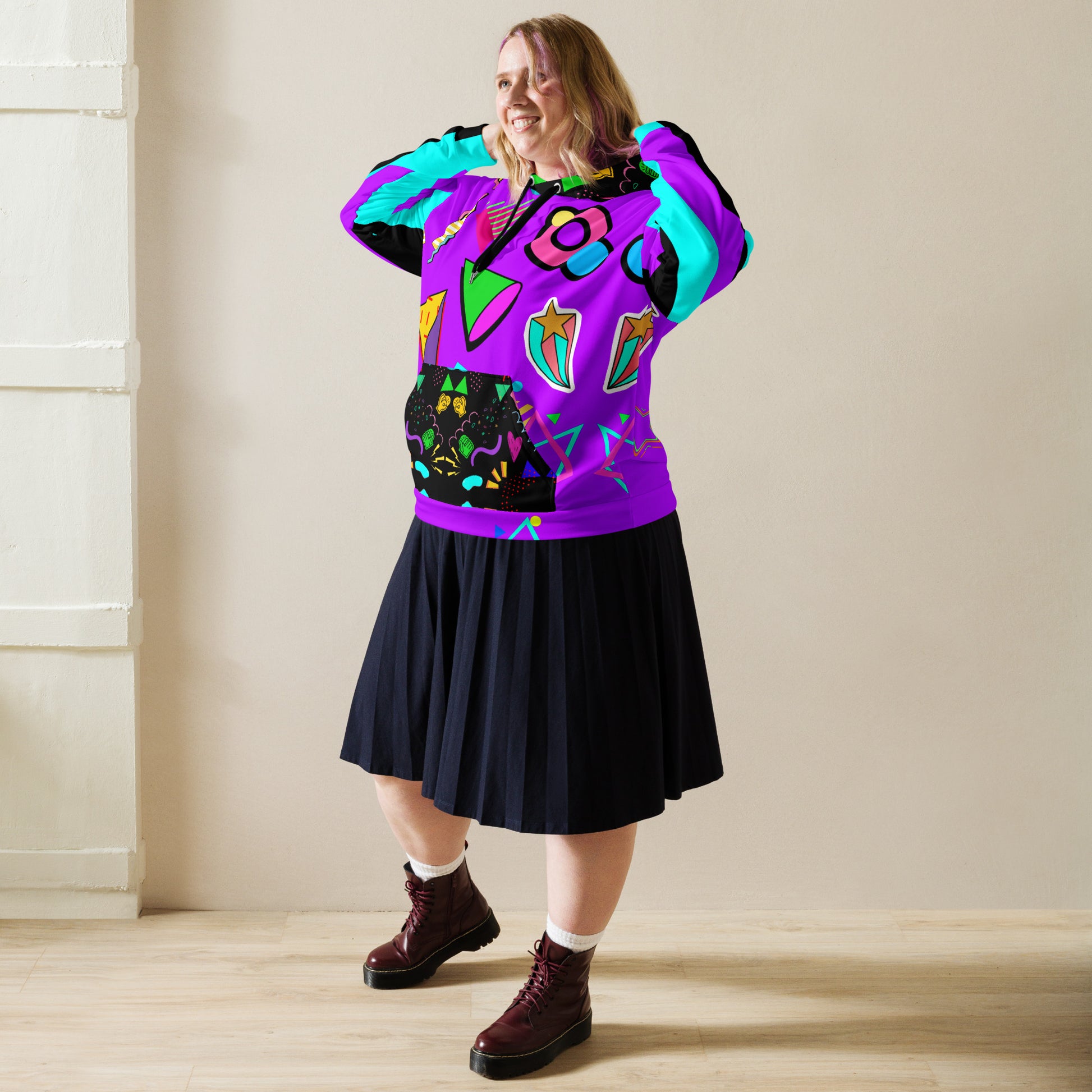 Hipyfi Recycled Unisex Hoodie – 80s Memphis Graphic Design with vibrant retro colors, bold geometric patterns, and a cozy brushed fleece interior, eco-friendly and stylish streetwear. front-3