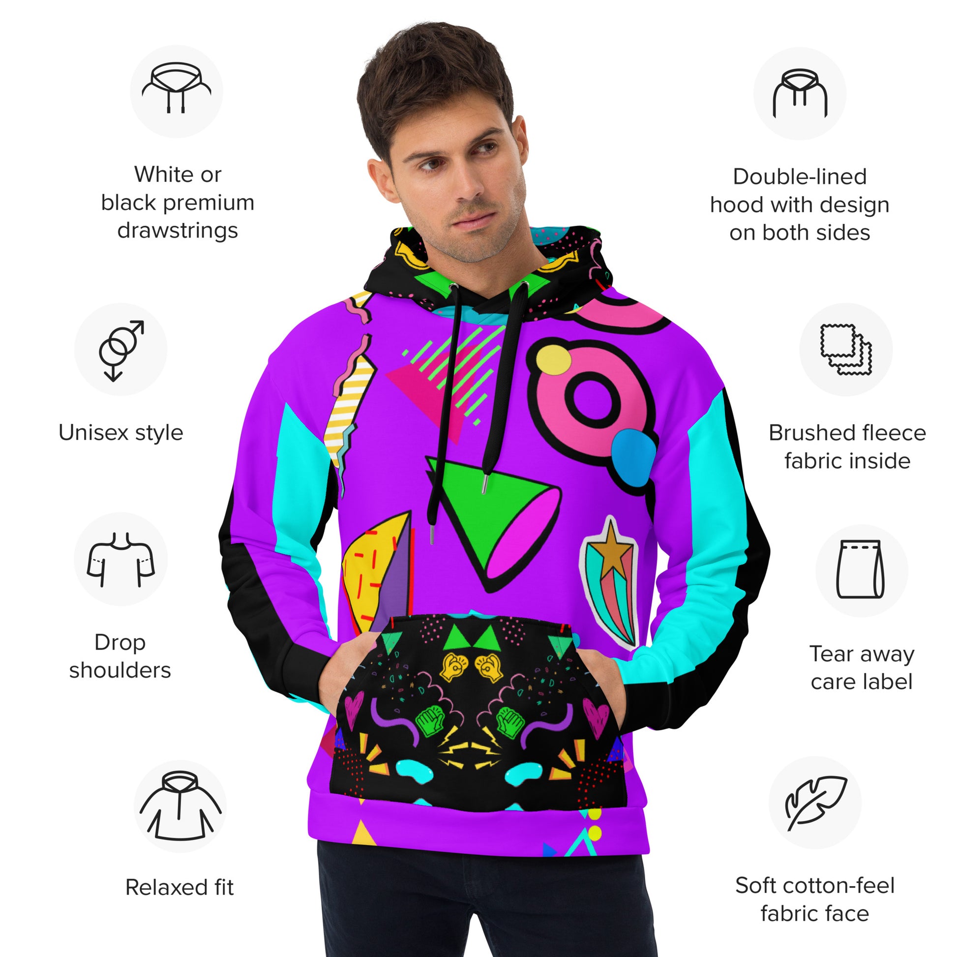 Hipyfi Recycled Unisex Hoodie – 80s Memphis Graphic Design with vibrant retro colors, bold geometric patterns, and a cozy brushed fleece interior, eco-friendly and stylish streetwear. Product-info