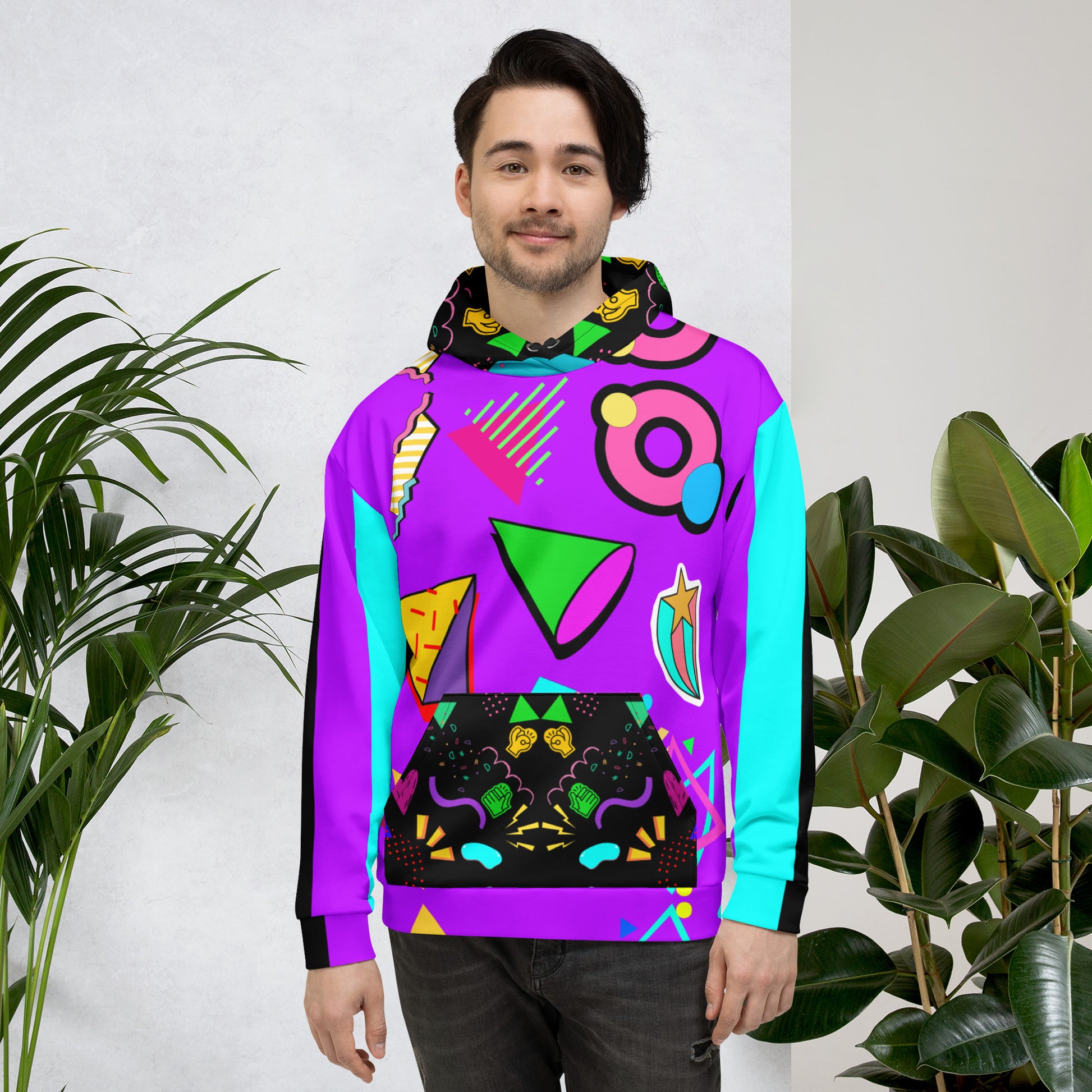 Hipyfi Recycled Unisex Hoodie – 80s Memphis Graphic Design with vibrant retro colors, bold geometric patterns, and a cozy brushed fleece interior, eco-friendly and stylish streetwear. front-2