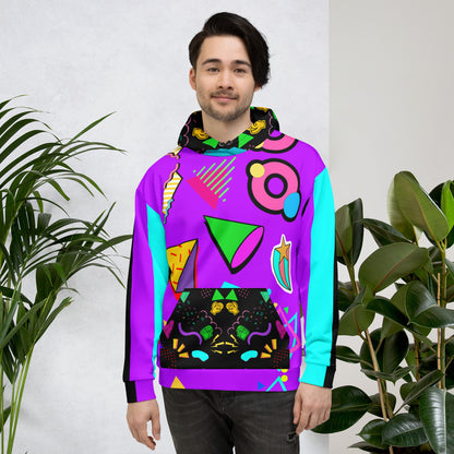Hipyfi Recycled Unisex Hoodie – 80s Memphis Graphic Design with vibrant retro colors, bold geometric patterns, and a cozy brushed fleece interior, eco-friendly and stylish streetwear. front-2