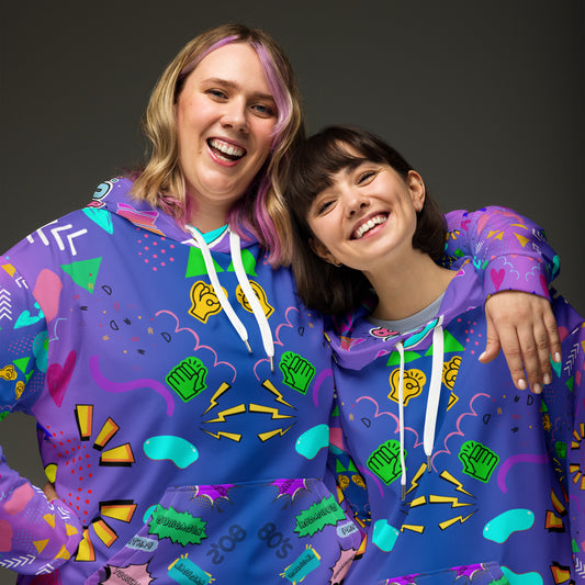 Unisex recycled pop art hoodie with retro 80s graphic design and vibrant neon colors by Hipyfi Clothes & Design. front