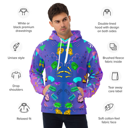 Unisex recycled pop art hoodie with retro 80s graphic design and vibrant neon colors by Hipyfi Clothes & Design. Product-info