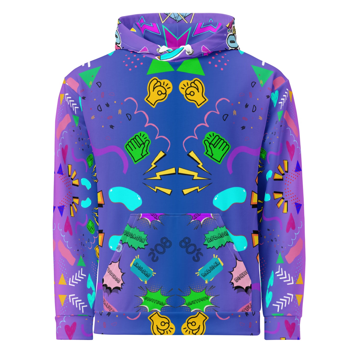 Unisex recycled pop art hoodie with retro 80s graphic design and vibrant neon colors by Hipyfi Clothes & Design. front-6