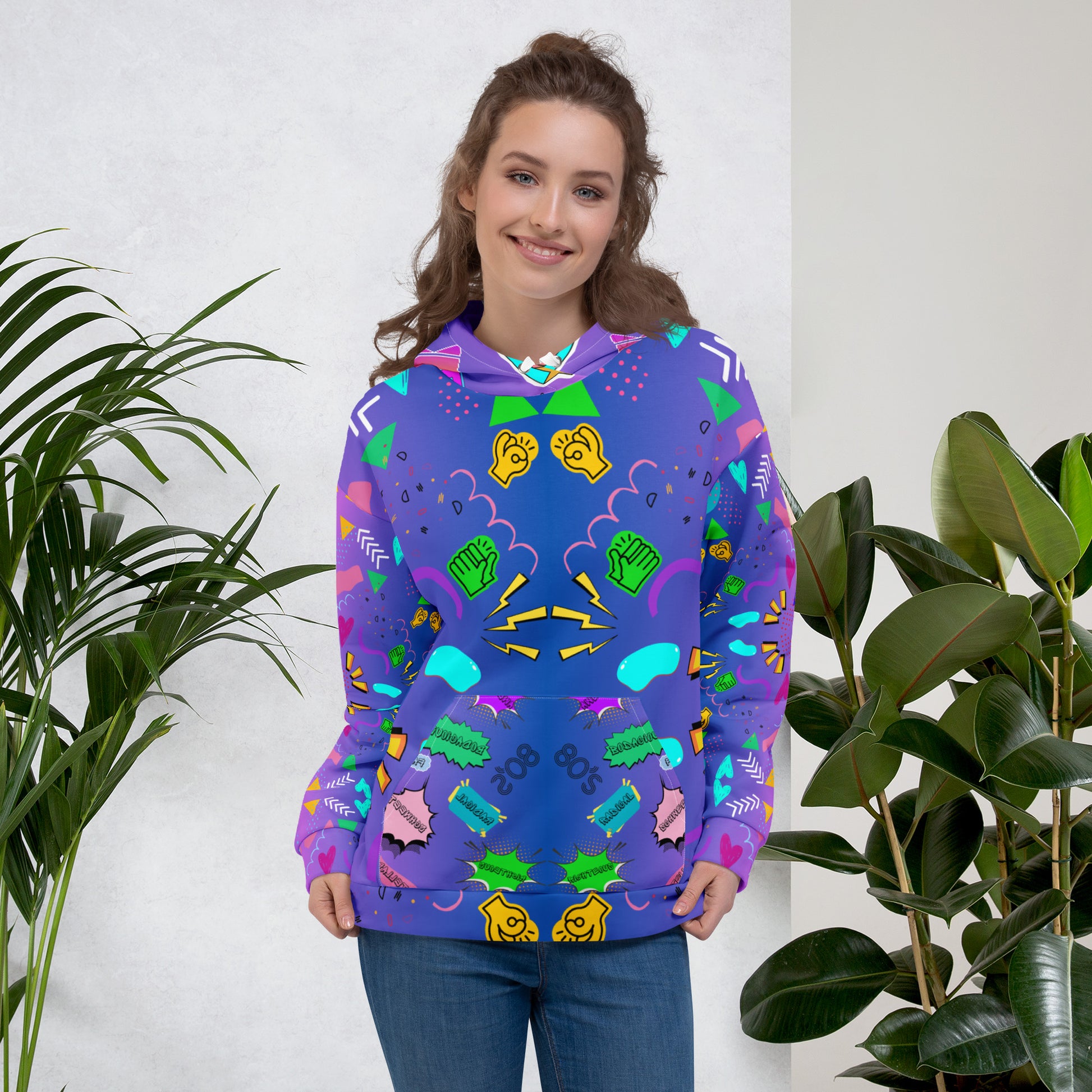 Unisex recycled pop art hoodie with retro 80s graphic design and vibrant neon colors by Hipyfi Clothes & Design. front-4