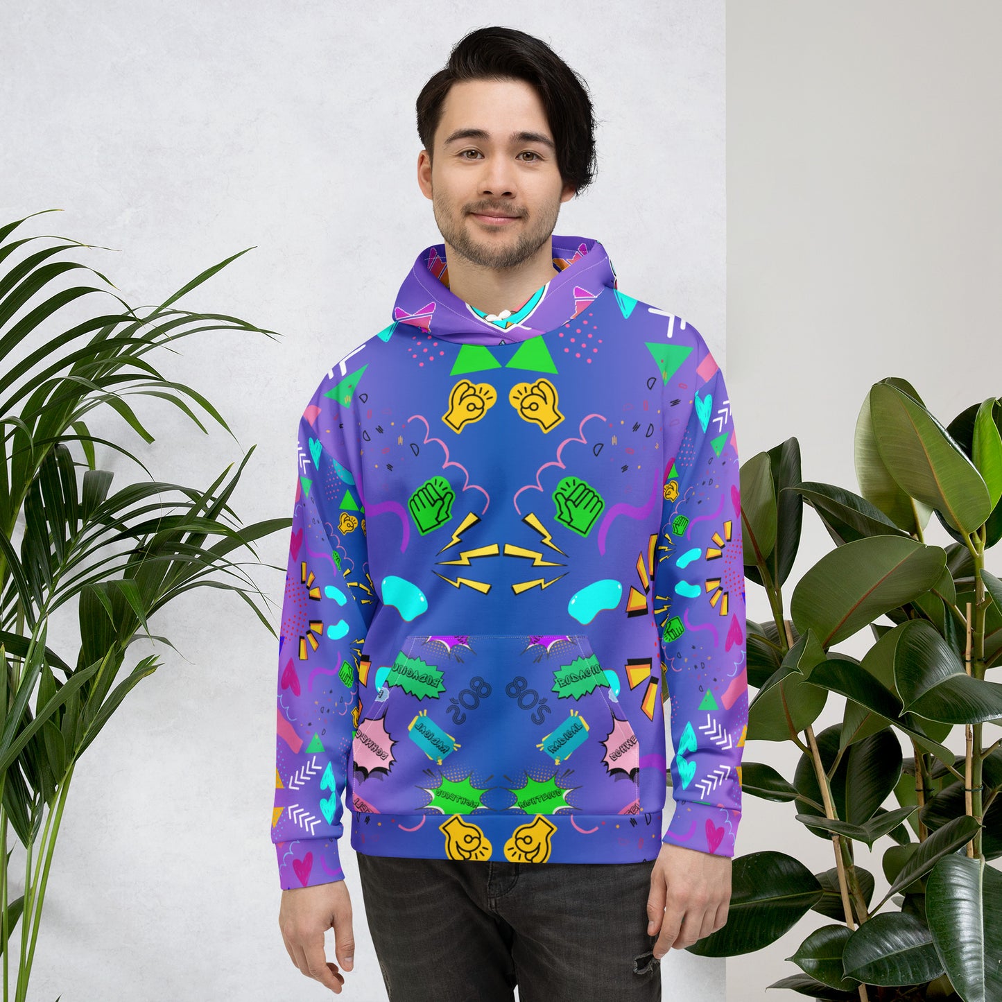 Unisex recycled pop art hoodie with retro 80s graphic design and vibrant neon colors by Hipyfi Clothes & Design. front-2