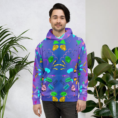 Unisex recycled pop art hoodie with retro 80s graphic design and vibrant neon colors by Hipyfi Clothes & Design. front-2