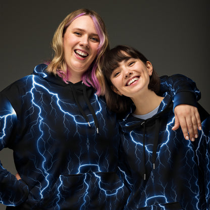 Electric blue lightning bolt recycled unisex hoodie with glowing graphic – Hipyfi Clothes & Design. front