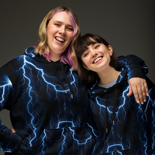 Electric blue lightning bolt recycled unisex hoodie with glowing graphic – Hipyfi Clothes & Design. front