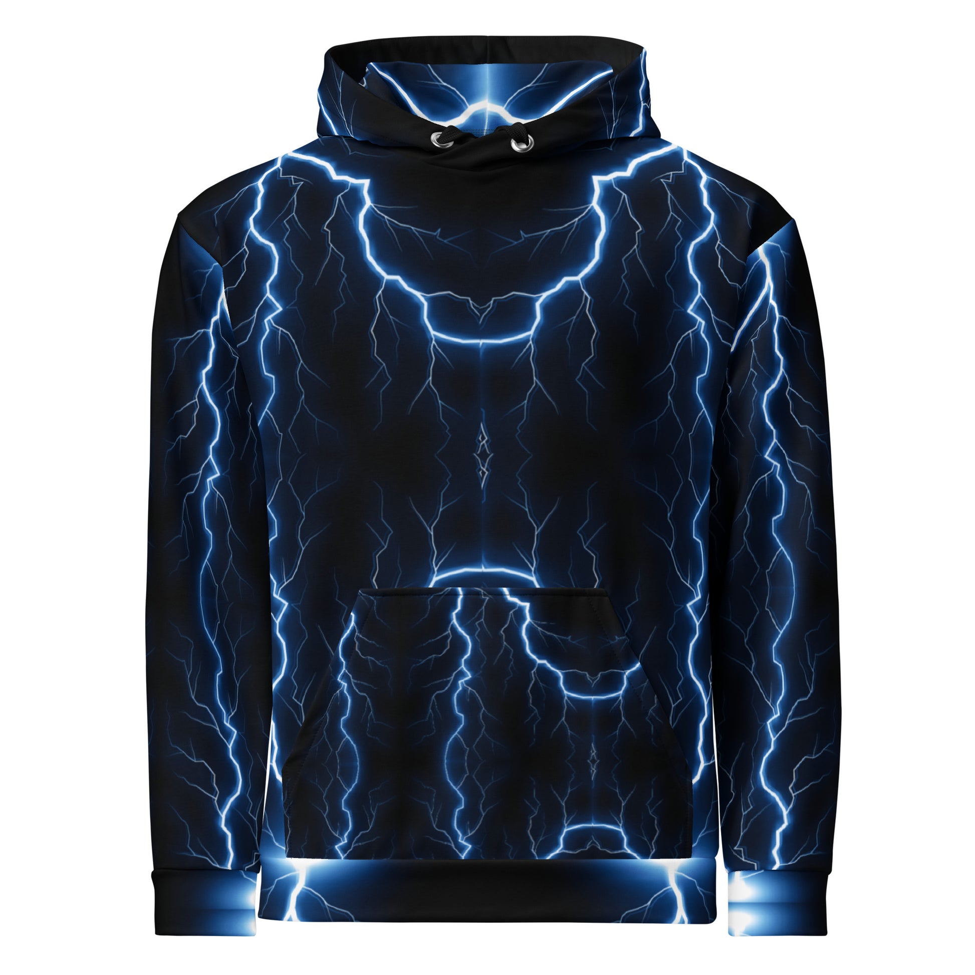 Electric blue lightning bolt recycled unisex hoodie with glowing graphic – Hipyfi Clothes & Design. front-6