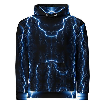 Electric blue lightning bolt recycled unisex hoodie with glowing graphic – Hipyfi Clothes & Design. front-6