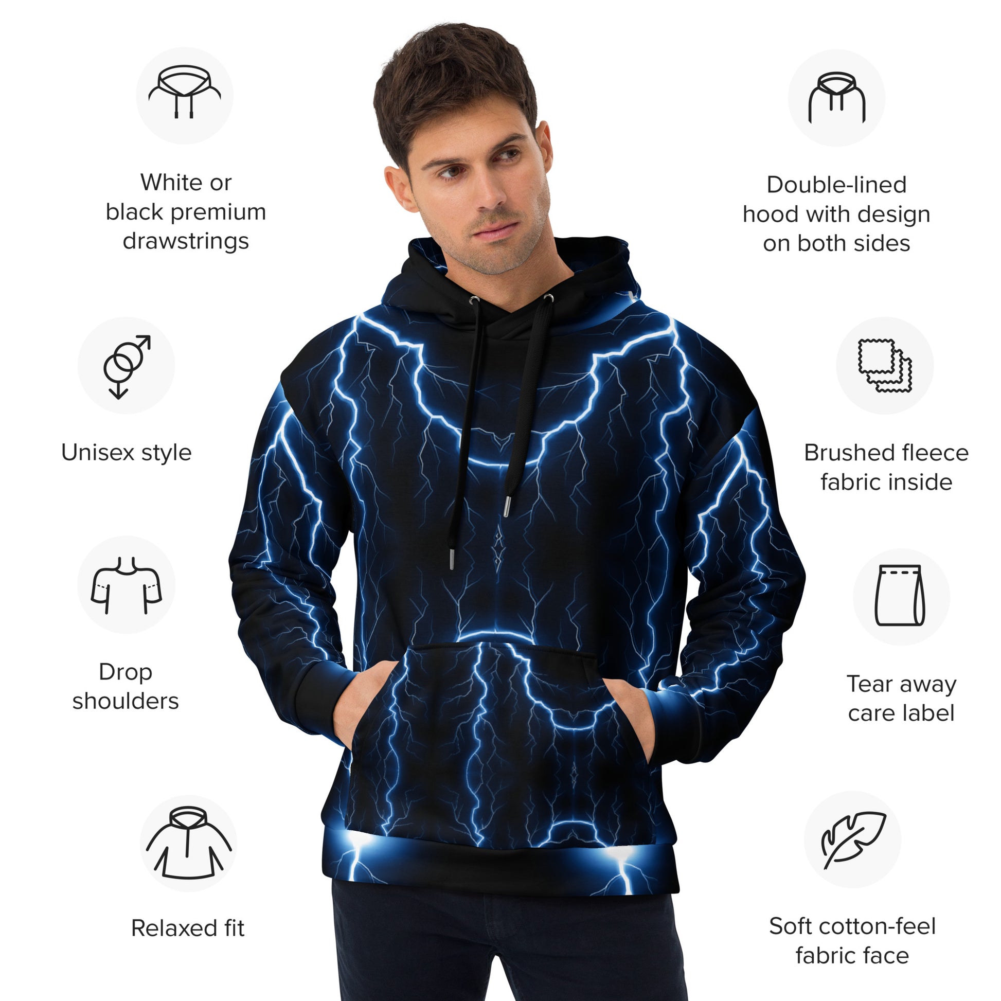 Electric blue lightning bolt recycled unisex hoodie with glowing graphic – Hipyfi Clothes & Design. Product-info