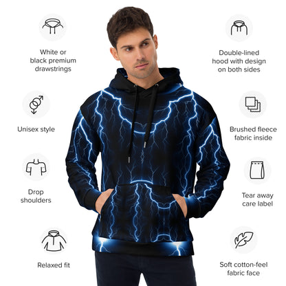 Electric blue lightning bolt recycled unisex hoodie with glowing graphic – Hipyfi Clothes & Design. Product-info