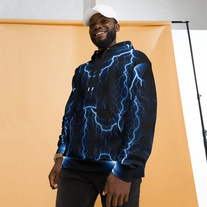 Electric blue lightning bolt recycled unisex hoodie with glowing graphic – Hipyfi Clothes & Design. front-5