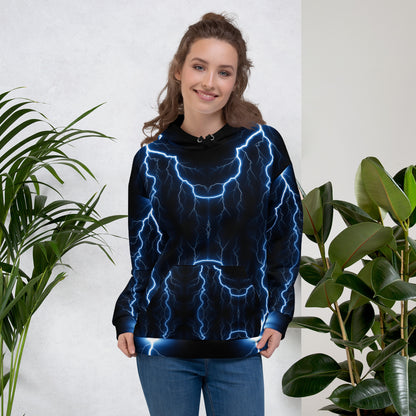 Electric blue lightning bolt recycled unisex hoodie with glowing graphic – Hipyfi Clothes & Design. front-4