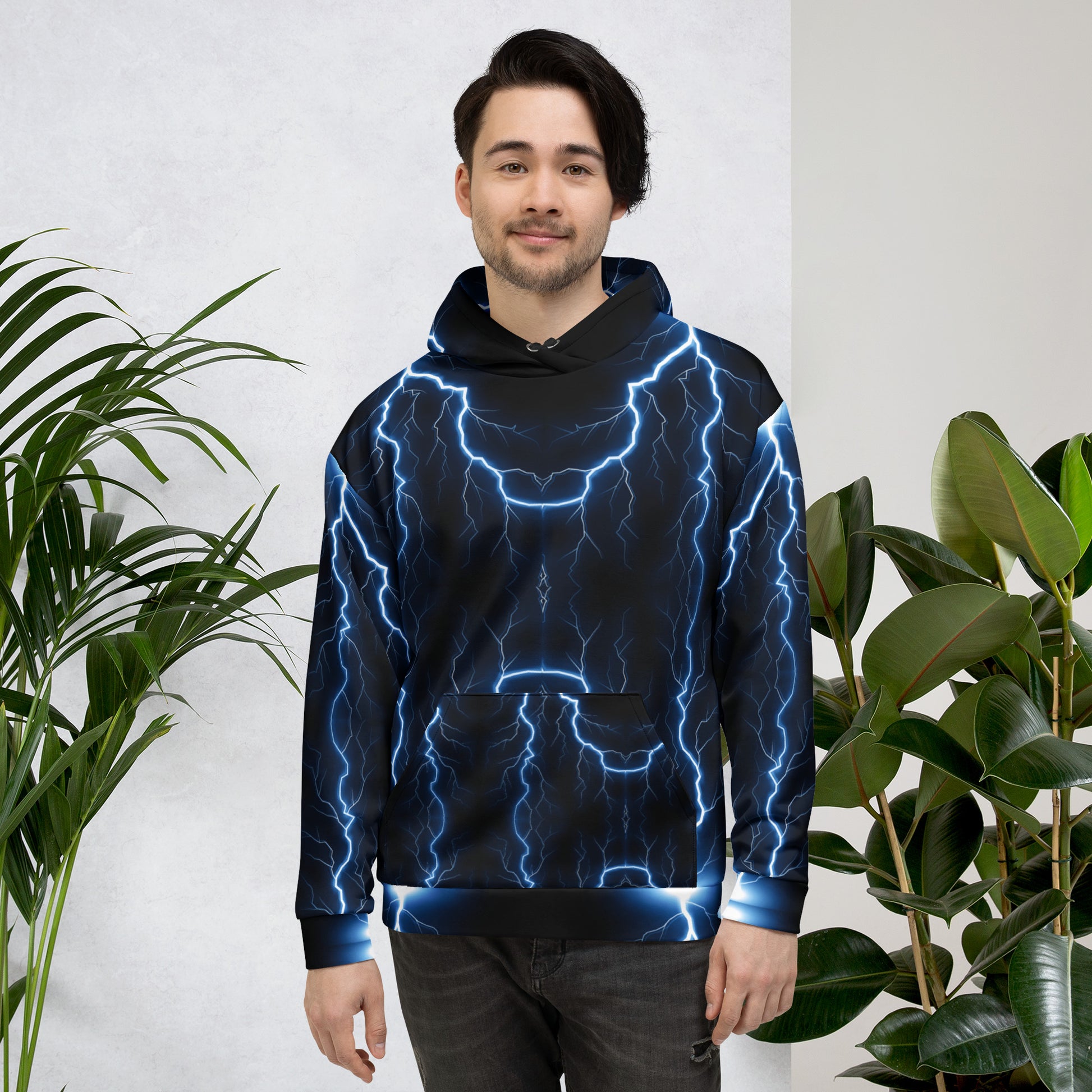 Electric blue lightning bolt recycled unisex hoodie with glowing graphic – Hipyfi Clothes & Design. front-2