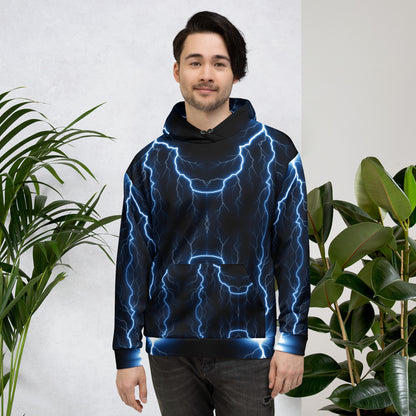 Electric blue lightning bolt recycled unisex hoodie with glowing graphic – Hipyfi Clothes & Design. front-2