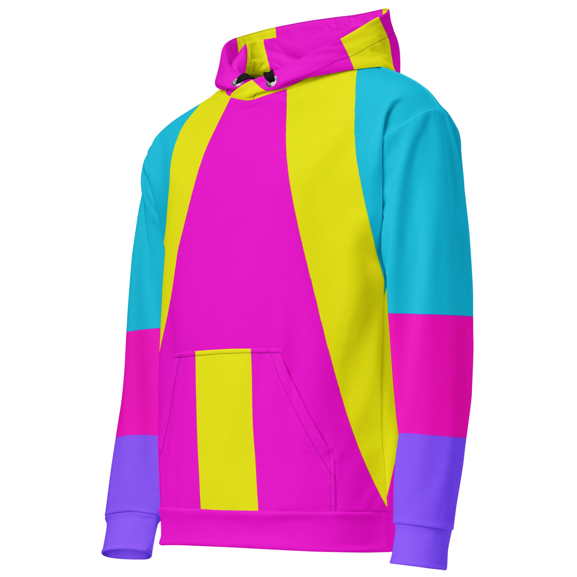 Recycled unisex hoodie with bold geometric pop-art pattern in magenta, cyan, and yellow – eco-friendly streetwear by Hipyfi. left-front