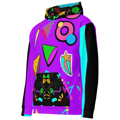 Hipyfi Recycled Unisex Hoodie – 80s Memphis Graphic Design with vibrant retro colors, bold geometric patterns, and a cozy brushed fleece interior, eco-friendly and stylish streetwear. left-front-4