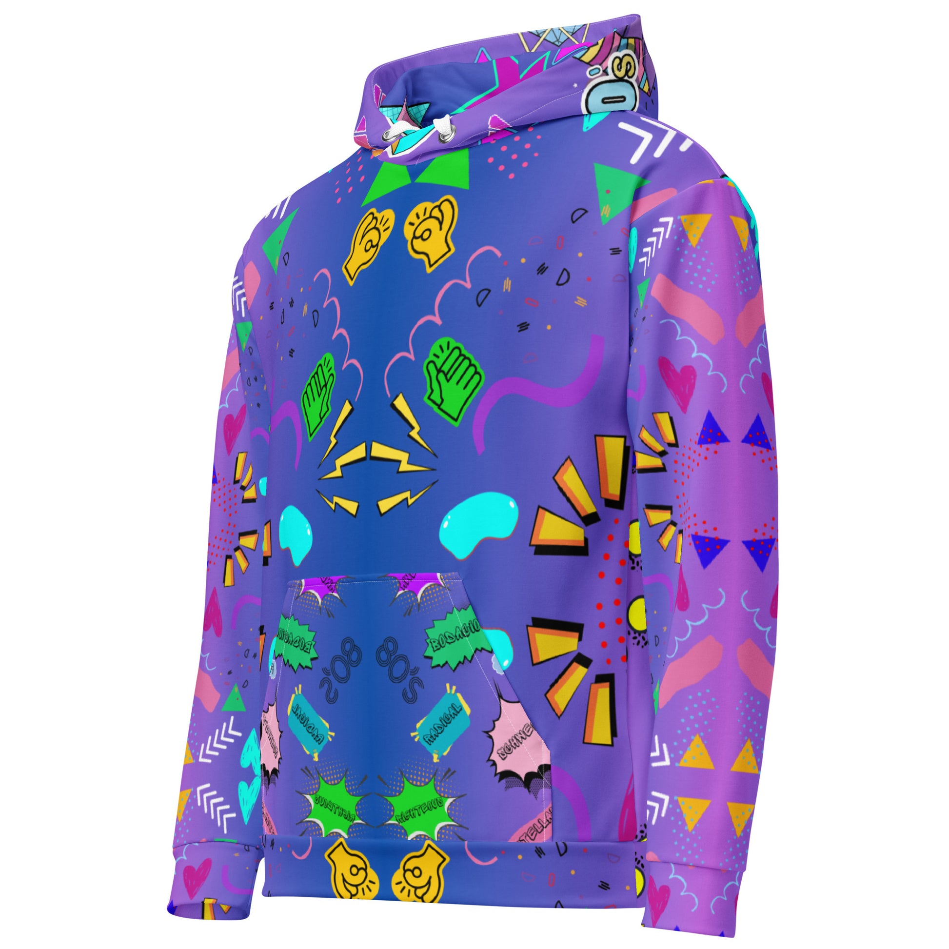 Unisex recycled pop art hoodie with retro 80s graphic design and vibrant neon colors by Hipyfi Clothes & Design. left-front-6