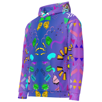 Unisex recycled pop art hoodie with retro 80s graphic design and vibrant neon colors by Hipyfi Clothes & Design. left-front-6