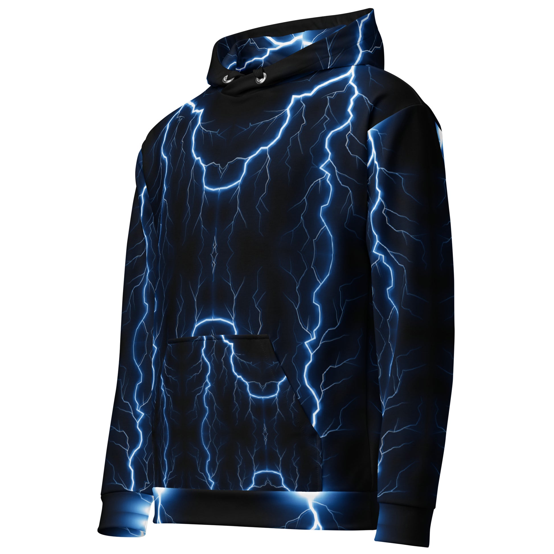 Electric blue lightning bolt recycled unisex hoodie with glowing graphic – Hipyfi Clothes & Design. left-front-6