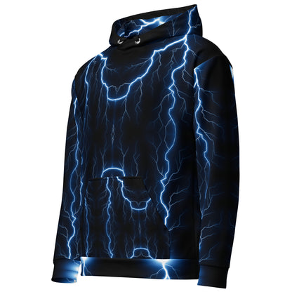 Electric blue lightning bolt recycled unisex hoodie with glowing graphic – Hipyfi Clothes & Design. left-front-6