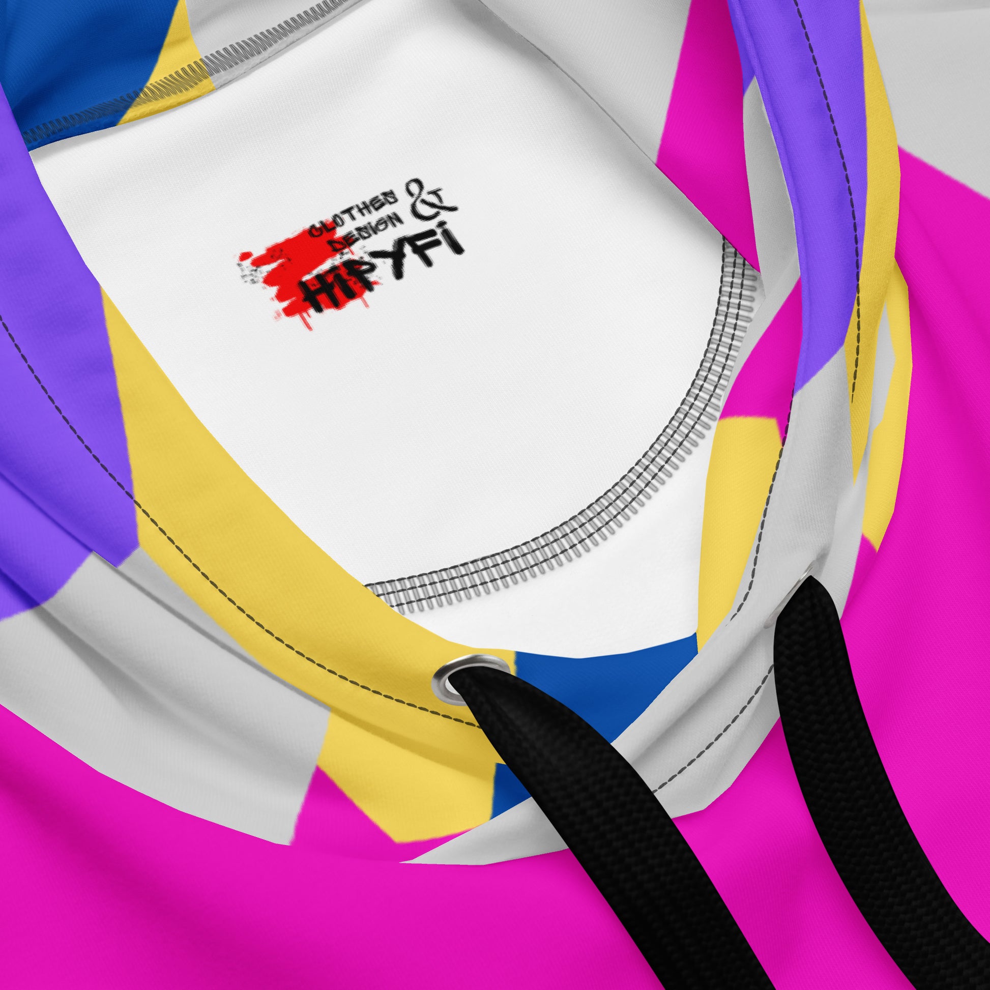 RetroVibe recycled unisex hoodie with 80s geometric pop art design and vibrant vaporwave colors by Hipyfi Clothes & Design. product-details-2