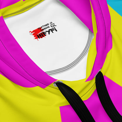 Recycled unisex hoodie with bold geometric pop-art pattern in magenta, cyan, and yellow – eco-friendly streetwear by Hipyfi. product-details-2