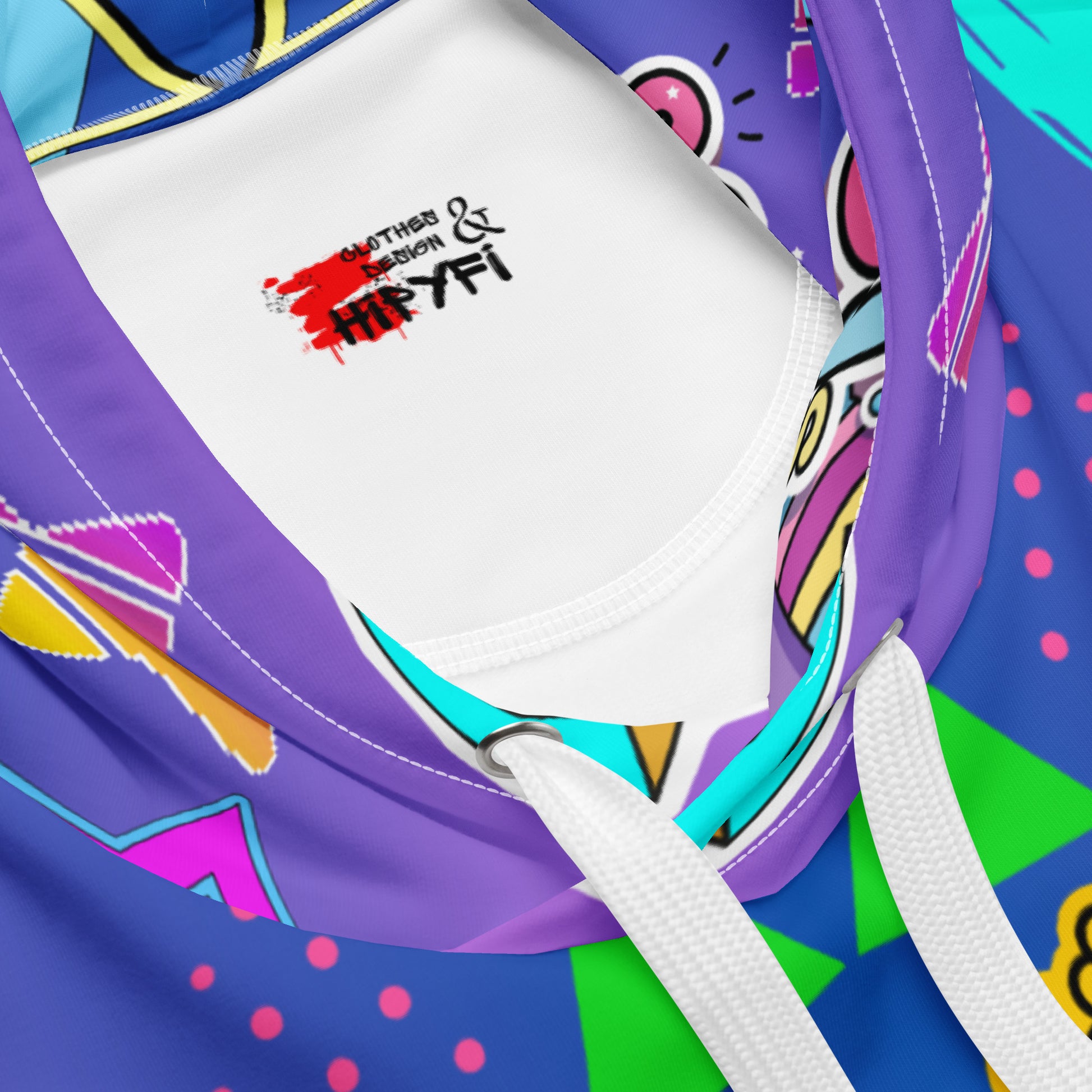Unisex recycled pop art hoodie with retro 80s graphic design and vibrant neon colors by Hipyfi Clothes & Design. product-details-2
