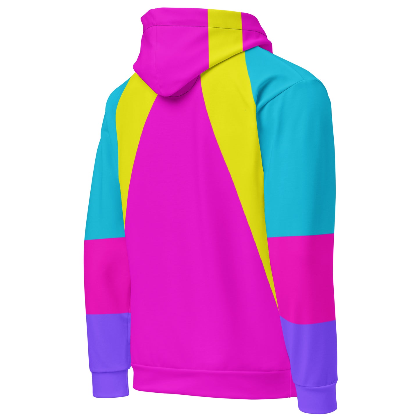 Recycled unisex hoodie with bold geometric pop-art pattern in magenta, cyan, and yellow – eco-friendly streetwear by Hipyfi. right-back