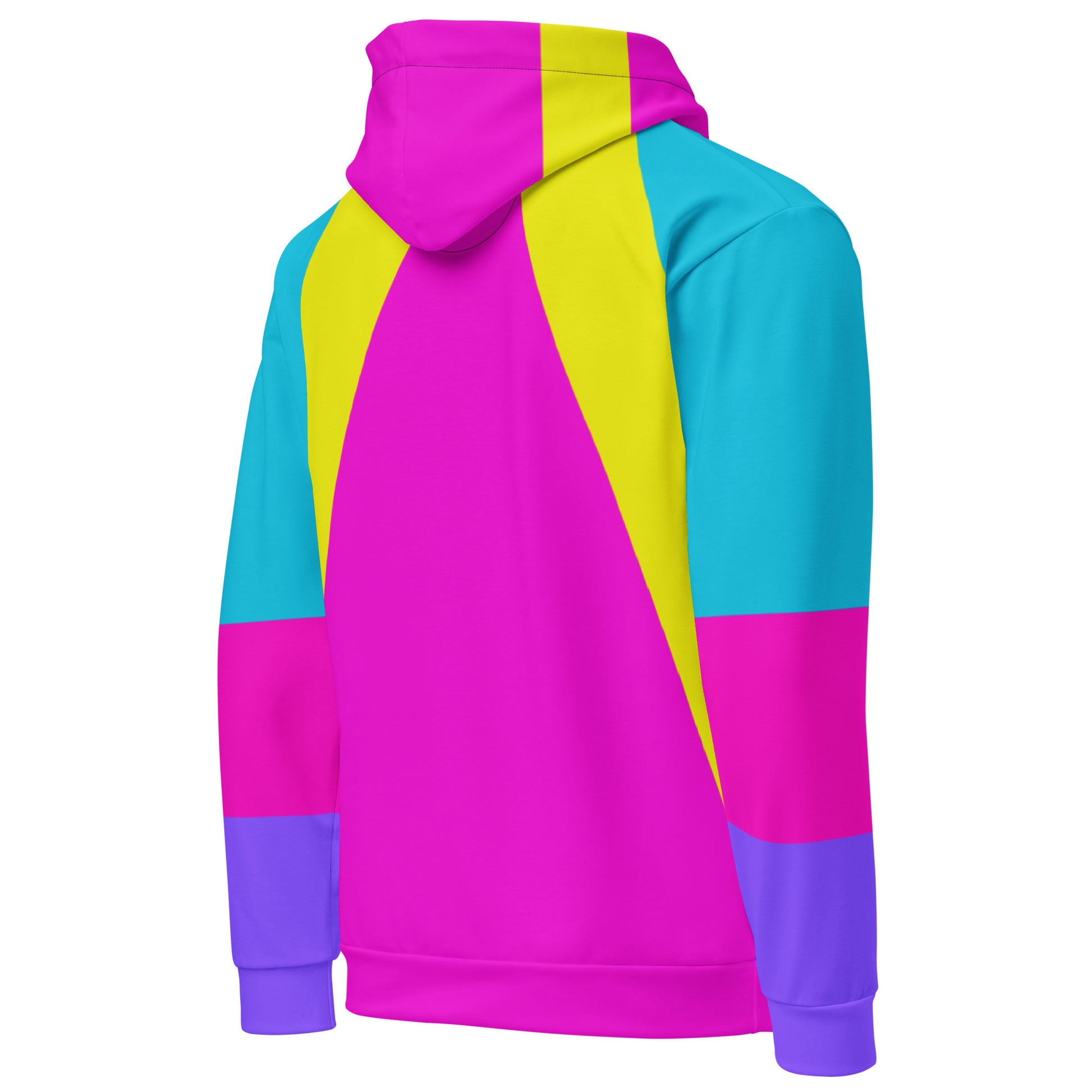 Recycled unisex hoodie with bold geometric pop-art pattern in magenta, cyan, and yellow – eco-friendly streetwear by Hipyfi. right-back